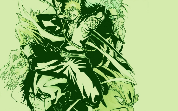 Bleach characters in green and dark green illustration