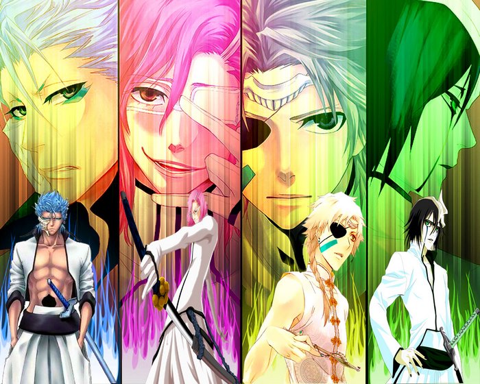 Bleach characters: Szayelaporro Granz, Ulquiorra Cifer, Grimmjow Jaegerjaquez, Nnoitra Gilga, and Aaroniero Arruruerie