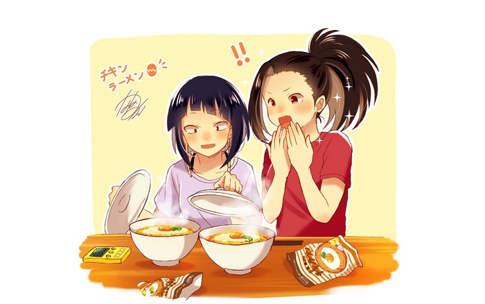 Kyouka Jirou and Momo Yaoyorozu eating ramen