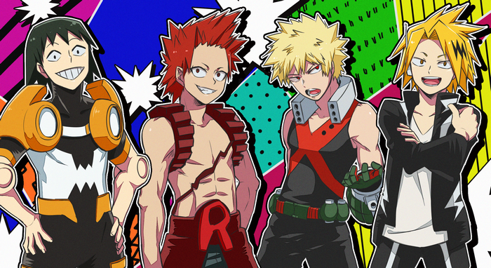 Four male anime characters in colorful outfits