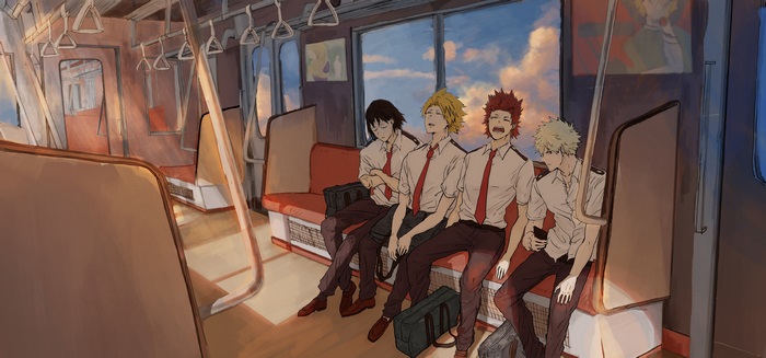 My Hero Academia characters on a train