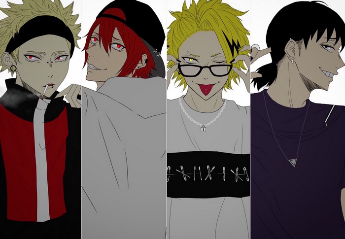 Four anime boys with piercings and edgy fashion