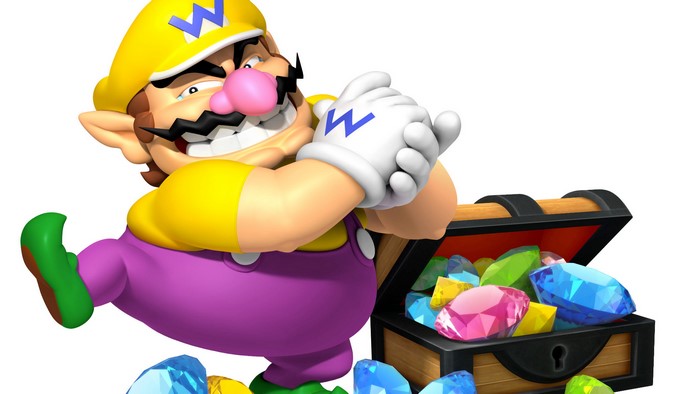 Wario with a treasure chest full of gems