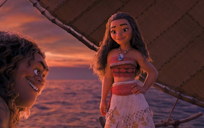 Moana and Maui on a boat