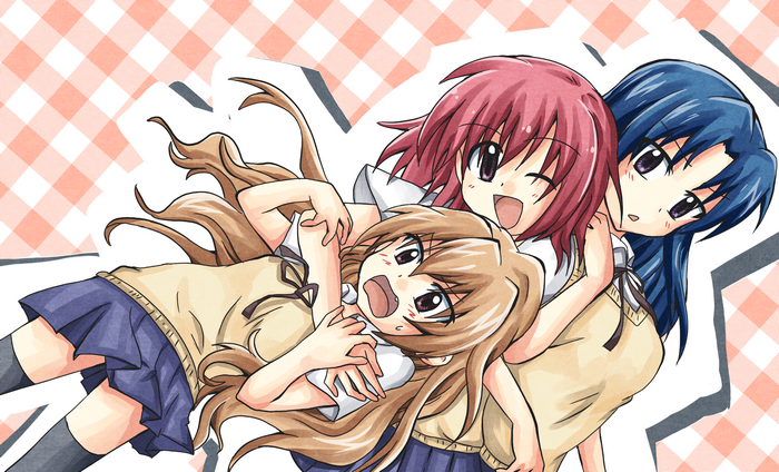 Three anime girls in school uniforms