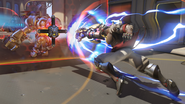 Doomfist from Overwatch fighting Reinhardt