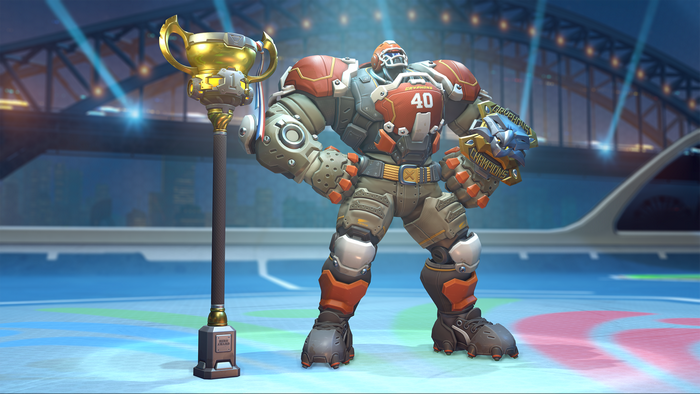 Doomfist from Overwatch wearing a football uniform
