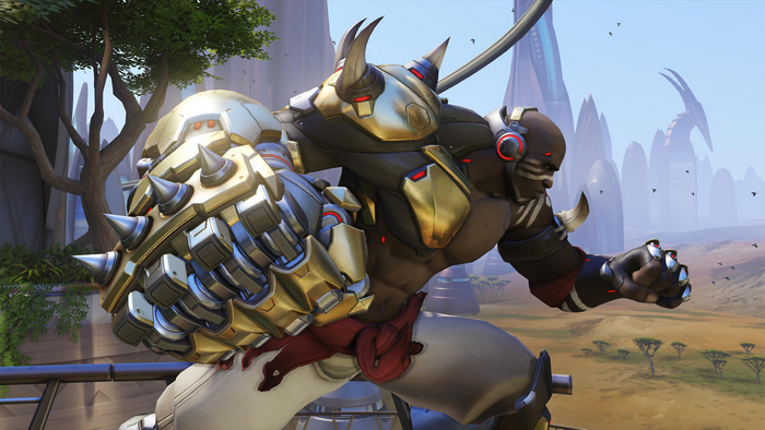 Doomfist from Overwatch on a savanna landscape