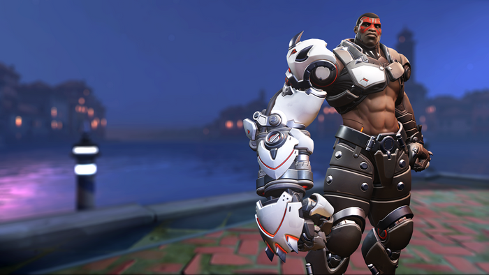 Doomfist from Overwatch standing by a canal at night