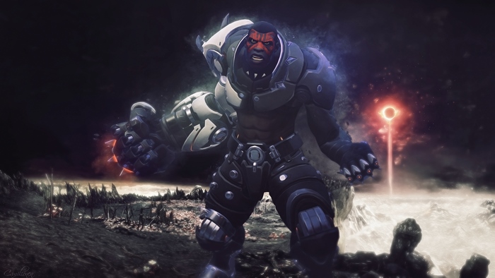Doomfist from Overwatch in a dark landscape