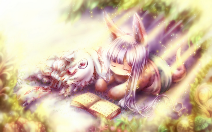 Nanachi from Made in Abyss sleeping with a creature