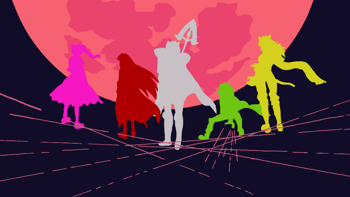 Silhouettes of characters from Akame Ga Kill! against a large moon
