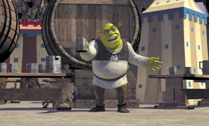 Shrek holding a mug in a medieval setting