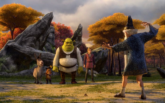Shrek, Donkey, Puss in Boots, Prince Charming, and Merlin in a forest