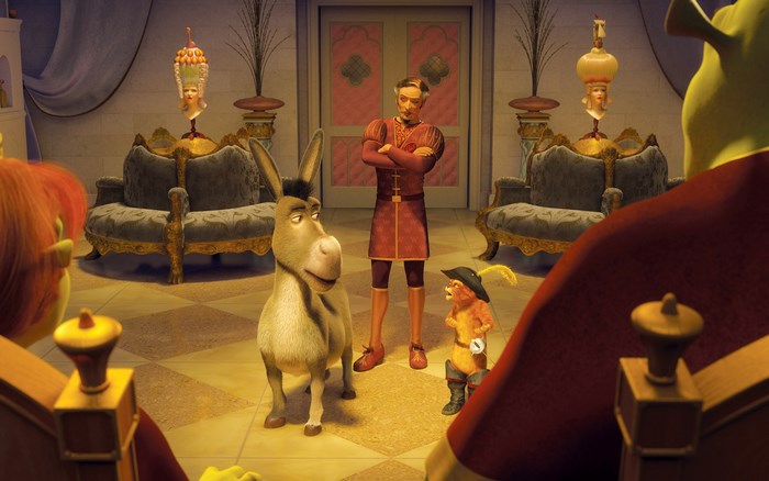 Shrek characters in a royal room
