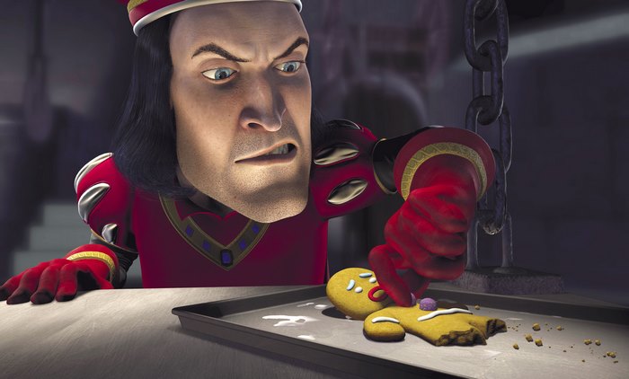 Lord Farquaad from Shrek torturing a gingerbread man