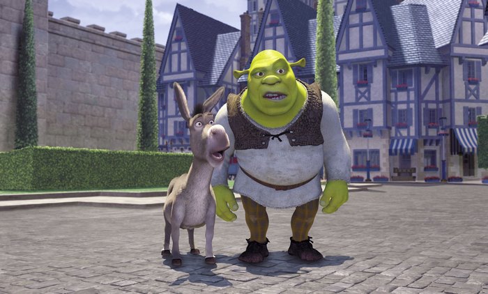 Shrek and Donkey in a town square
