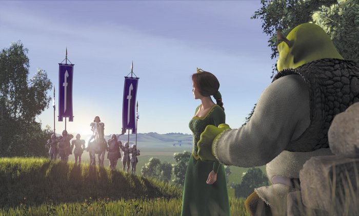 Shrek and Fiona with knights and banners