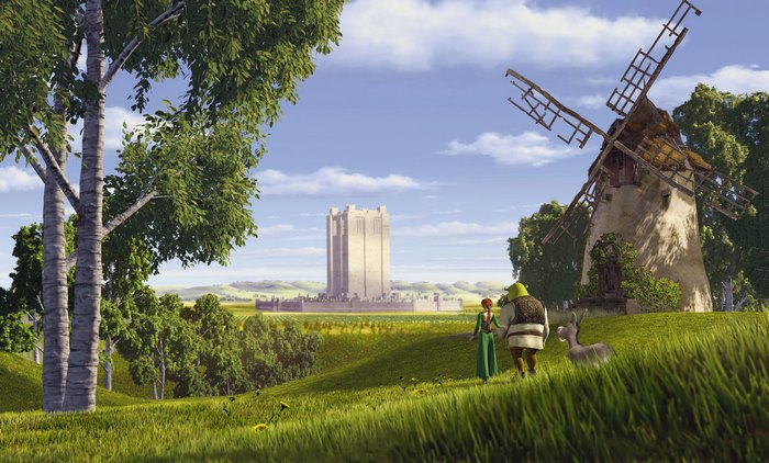 Shrek and Fiona walking with Donkey in front of a castle