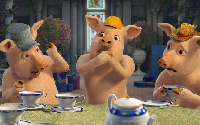 Three Pigs from Shrek having tea