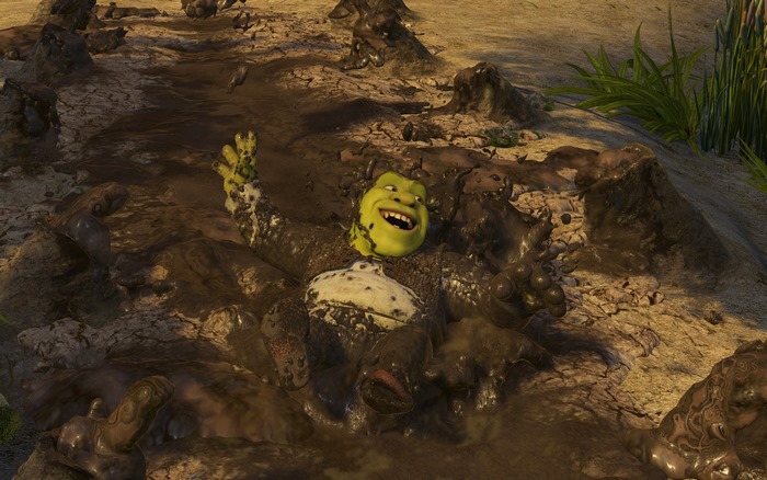 Shrek happily playing in muddy swamp