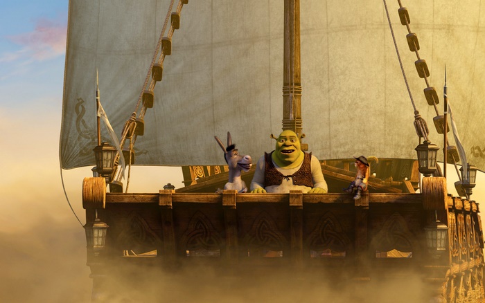 Shrek, Donkey, and Puss in Boots on a Ship