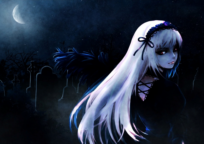 Suigintou from Rozen Maiden in a graveyard