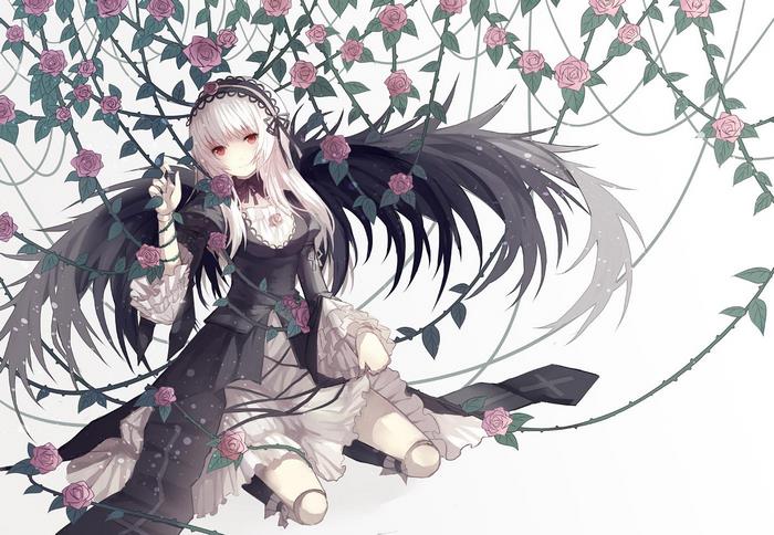 Suigintou from Rozen Maiden with black wings and roses