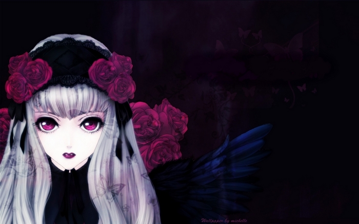 Suigintou from Rozen Maiden with roses and wings