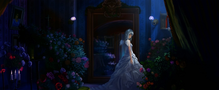 Suigintou from Rozen Maiden in a dark room with roses
