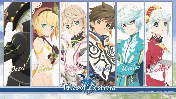 Tales of Zestiria characters Dezel, Edna, Alisha, Sorey, Mikleo, and Lailah