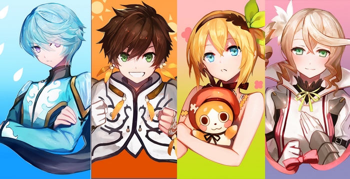 Four anime characters in a split background