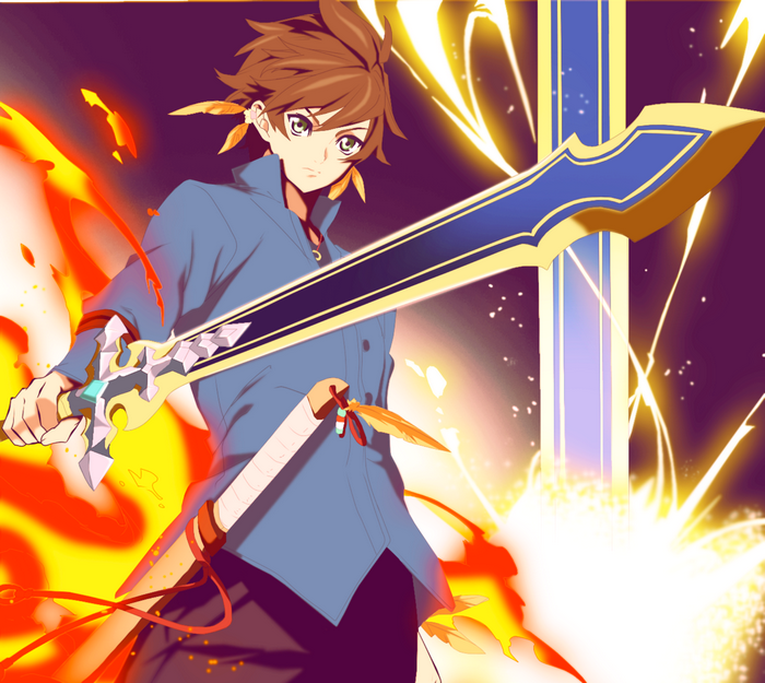 Sorey from Tales of Zestiria with sword and fire