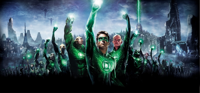 Green Lanterns raise their power rings in a futuristic city