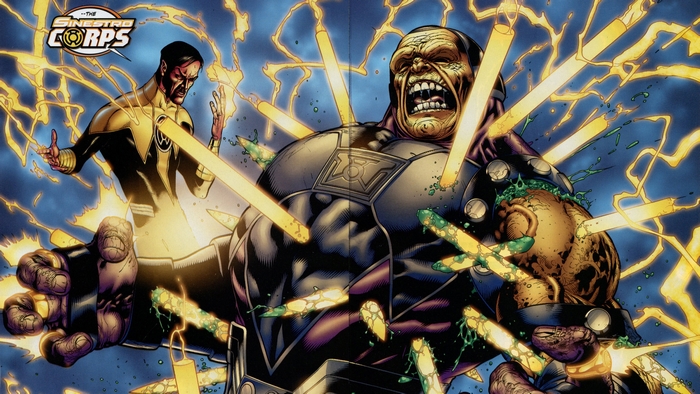 Sinestro Corps members attacking a large alien