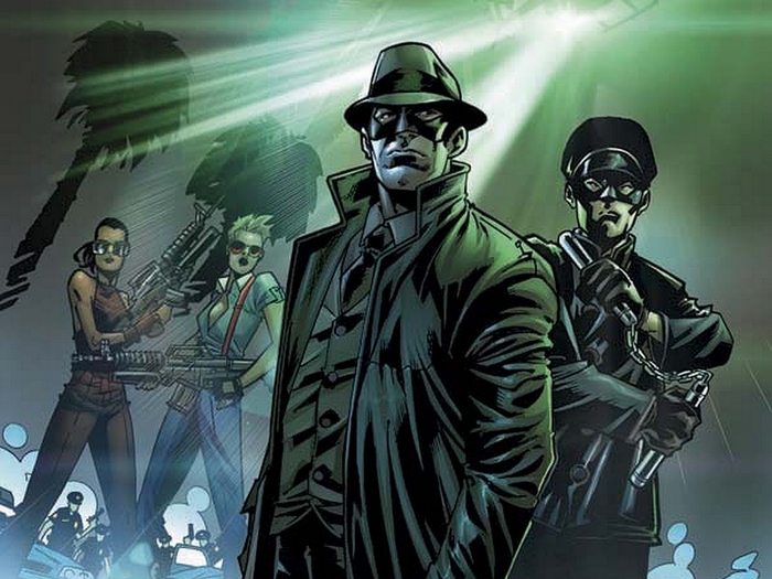 Green Hornet and allies with guns and nunchucks