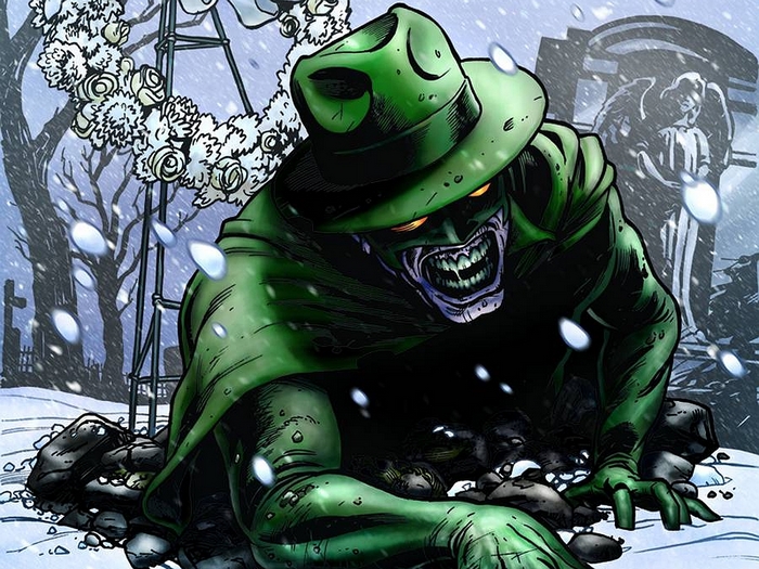 Green Hornet in a snowy graveyard