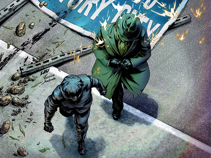 Green Hornet and Kato fight on a street