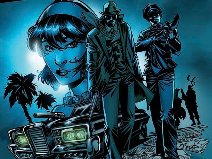 Green Hornet characters with car and palm trees
