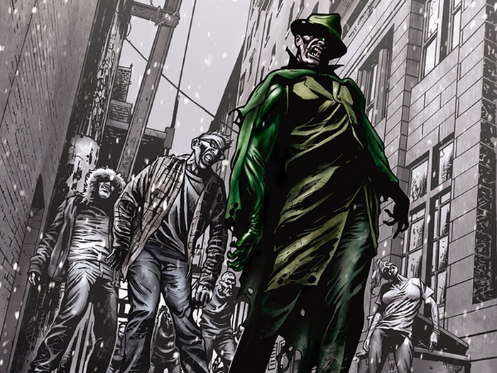 Green Hornet and zombies in an alley