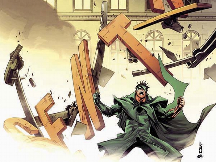 Green Hornet fighting with large letters