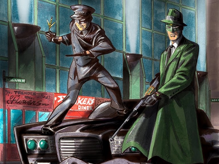 Green Hornet and Kato on a car