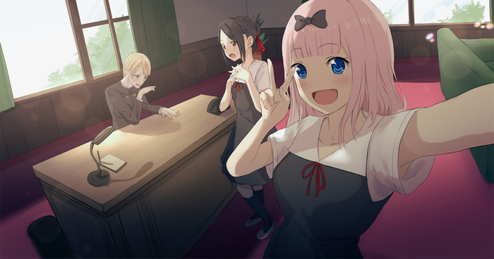 Chika Fujiwara and friends in a room