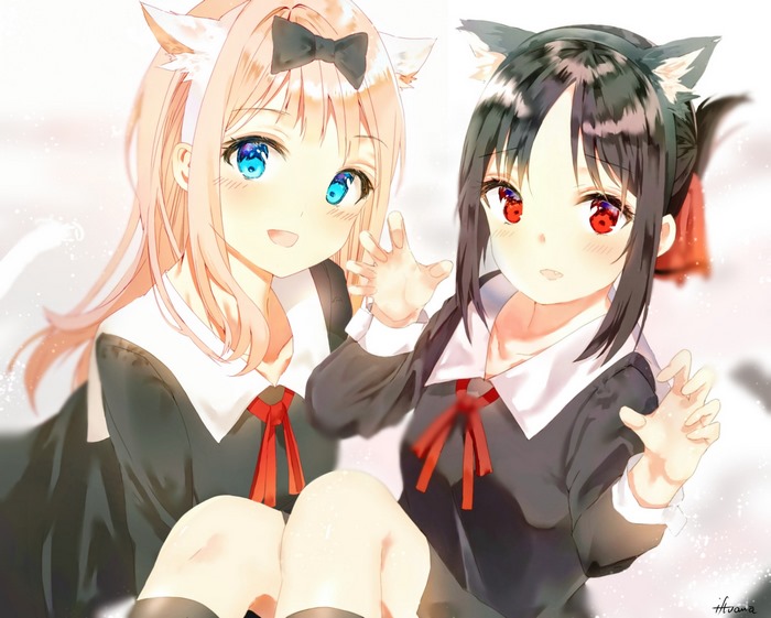 Chika Fujiwara and Kaguya Shinomiya with cat ears