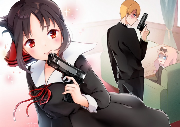 Kaguya Shinomiya, Miyuki Shirogane, and Chika Fujiwara with guns