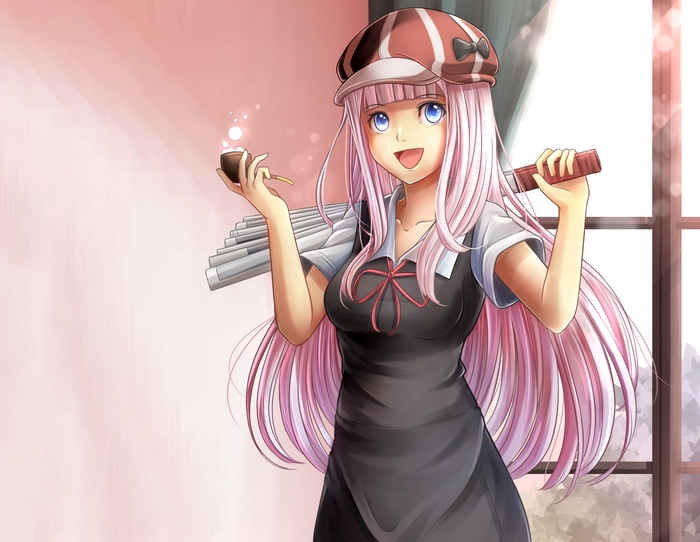 Chika Fujiwara holding a pipe and a scroll