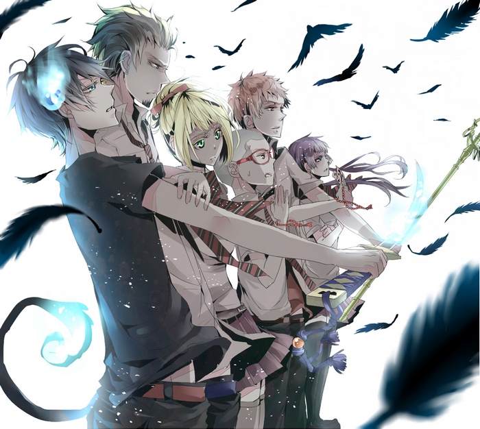 Blue Exorcist characters with feathers and birds