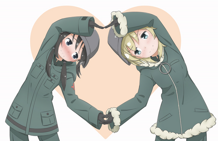 Yuuri and Chito from Girls Last Tour making a heart shape