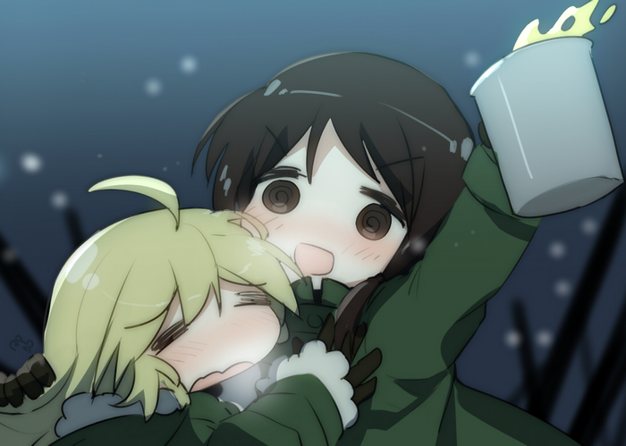 Yuuri from Girls Last Tour holding a mug