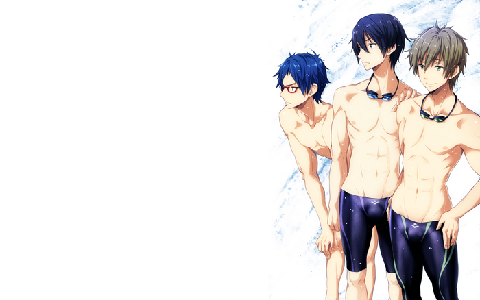 Three male swimmers in swim trunks